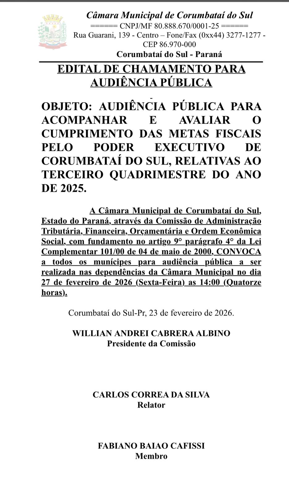 EDITAL DE CHAMAMENTO PARA AUDIÊNCIA PÚBLICA DIA 27/02/2026