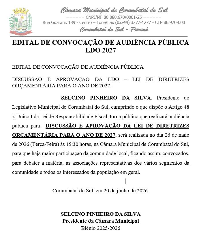 EDITAL DE CONVOCAÇÃO DE AUDIÊNCIA PÚBLICA LDO 2027